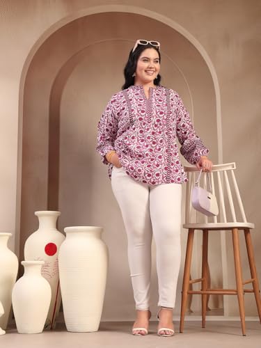 Image of Stylum Women's Plus Size Blue Floral Printed Pure Cotton Top | Plus Size Tops for Women Short Kurti
