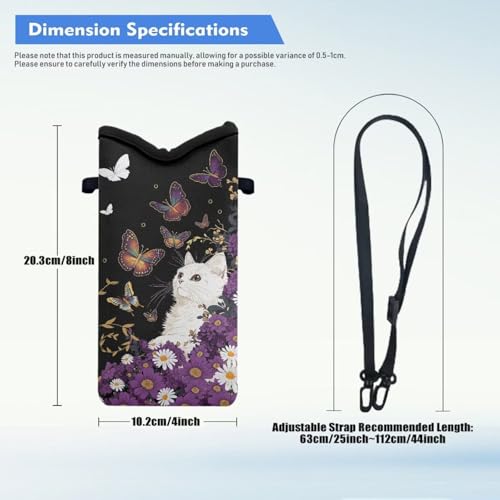 Image of Mini Cell Phone Crossbody Bag Neoprene Smartphone Wallet Bag Shockproof and Waterproof Compatible with Most Smartphones for Traveling, Beach, Cute Cat Butterfly Violet Daisy Black