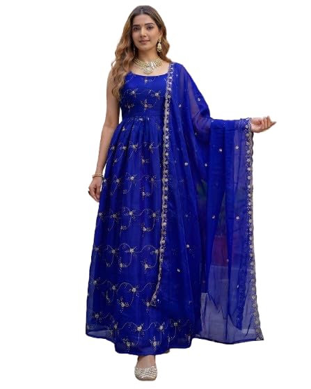 Elegant Anarkali Gown with Dupatta|Women's Gown with Embroidered Detailing,Sleeveless with Adjustable Dori Back Neck and Tassels|Perfect for Weddings,& Special Occasions-picture-31