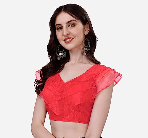 Image of Pujia Mills Women's V Neck Orgenza Three Layer Ruffle Sleeve Frill Readymade Saree Blouse