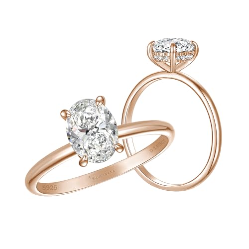 SILVERNANA 1.5ct Oval Moissanite Engagement Ring for Women D Color VVS1, Rose Gold Plated Sterling Silver Hidden Halo Solitaire Ring, Oval Cut Promise Ring Size 7