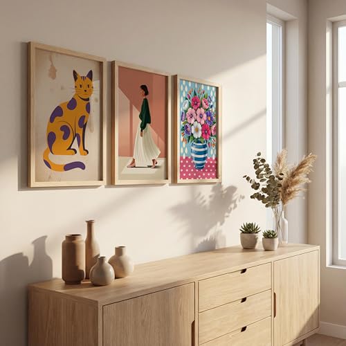 Image of NoWorries Modern Cat Illustration Wall Art Framed Painting Set of 3 | Minimalist Woman Portrait Prints with Frame | Colorful Floral Vase Artwork | Boho Scandinavian Home Decor Wall Frames for Living Room, Bedroom and Office Wall Gallery (Ready to Hang) (Art-11, 13x19inch, Wooden)