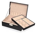 Amarme - Maleta Porta Joias Elegance Interior em Veludo com Tranca. Estojo Organizadora Grande de Dupla Camada para Joias, Brincos, Anéis, Bijuterias. Porta Jóias para Viagem Porta-Jóias Luxo Preto