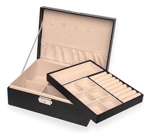 Amarme - Maleta Porta Joias Elegance Interior em Veludo com Tranca. Estojo Organizadora Grande de Dupla Camada para Joias, Brincos, Anéis, Bijuterias. Porta Jóias para Viagem Porta-Jóias Luxo Preto