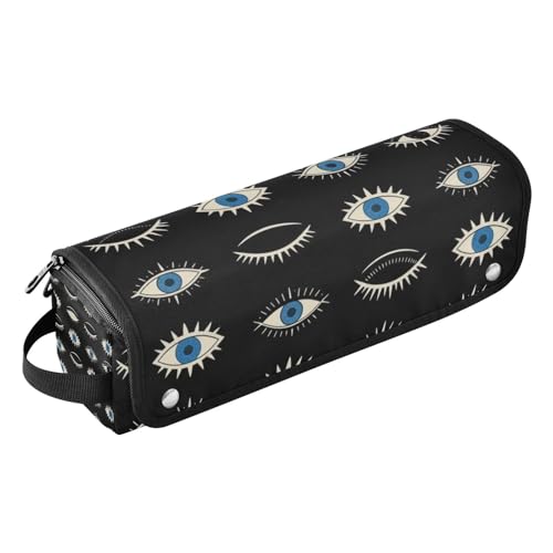 Bolsa de viaje para herramientas de cabello para mujeres con tapete resistente al calor y soporte para planchas y rizadores, diseño azul con patrón de ojo maligno negro miniatura 1