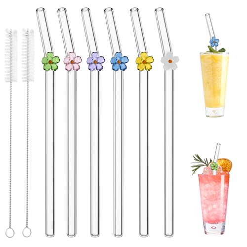 Lot de 6 pailles en verre réutilisables avec brosses de nettoyage pour jus, cocktails, smoothies, café, lait (fleur)