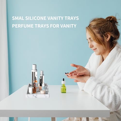 Image of BBK Bathroom Vanity Tray 7.8 in - 2 Pack(Small) Silicone Bathroom Tray for Counter, Perfume Key Trinket Ring Tray, Decor Soap Dispenser Countertop Tray for Kitchen Sink Organization (Faux Marble Look)