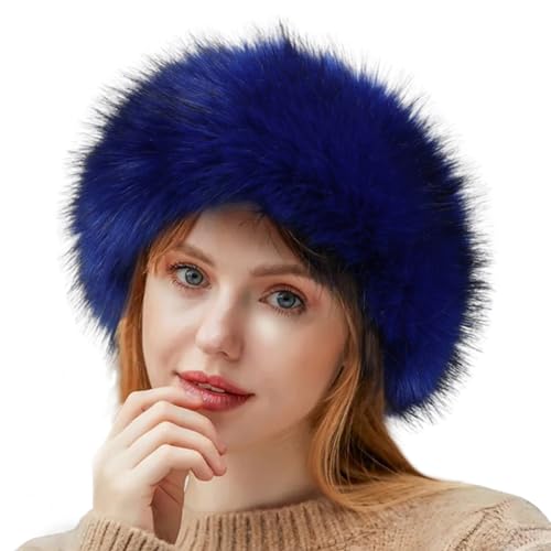 Queenbox Faux Fur Headband Hat Furry Skullies Beanie Headwrap Winter Cap, Blue