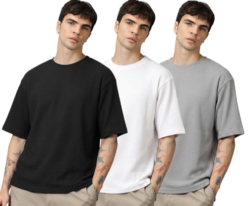 Image of RodZen Oversized Baggy Fit Half Sleeves Round Neck Solid Cotton Blend Combo T-Shirt for Men (Pack of 3)