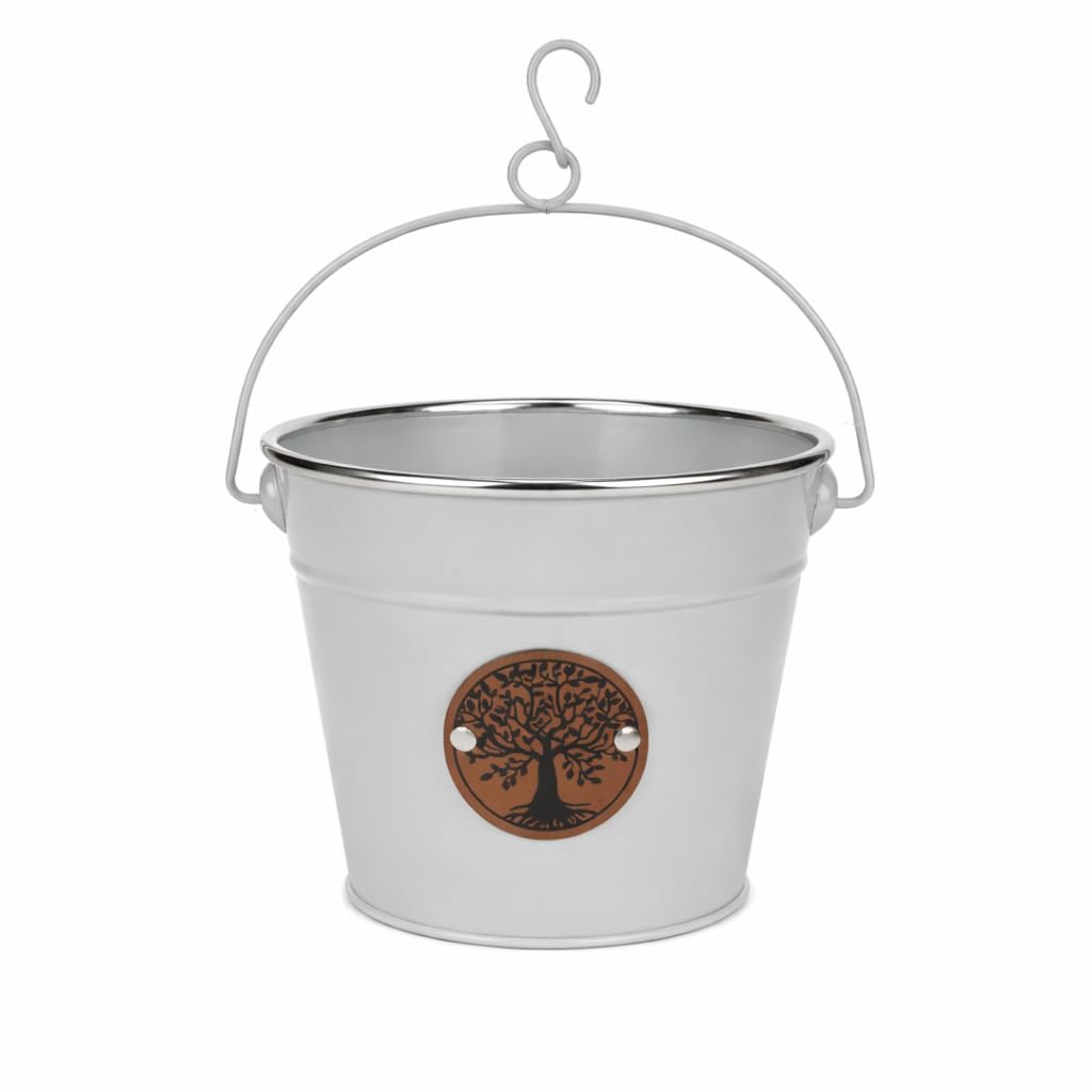 Quickdraw Grey Hanging Metal Peg Bucket With Hook - Tree Of Life Storage Bucket Planter For Fence Balcony Railings - Garden Laundry Peg Holder Herb Flower Pot (Grey)