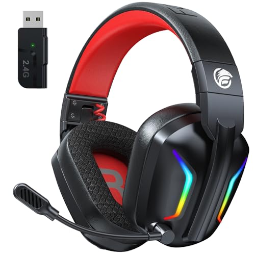Fachixy FC-300 Casque de jeu Bluetooth 2,4 G sans fil avec microphone pour PS5, PS4, PC, Mac, casque pliable Surround Sound avec réduction du bruit avec lumière LED, plus de 50 heures d'autonomie
