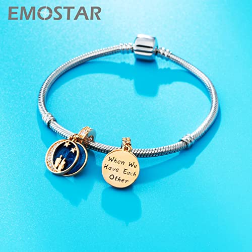 Rose Gold Couple Lover On Crescent Moon Star Pendant Charms, Fits Pandora Valentines Day Bracelet, 925 Sterling Silver Starry Night Sky Wife/Husband Dangle Beads, Gift For Wedding/Bride #TOP1