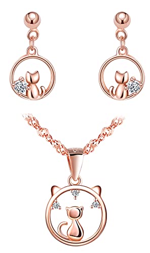 Juegos de joyas de Plata 925 en oro rosa con collar de gato para mujer