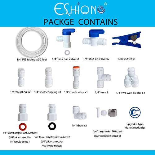 Eshiong Nsf Certified 1/4" O.d. Push To Connect Fittings For Ro (Reverse Osmosis)Water Filter（ Fridge Installation Kits）20 Pcs+30 Feet 1/4" Water Tubing. #TOP1