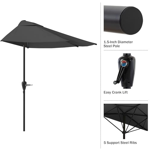 Image of Half Umbrella Outdoor Patio Shade - 9 ft Patio Umbrella with Easy Crank - Small Canopy for Balcony, Table, or Deck by Pure Garden (Gray)