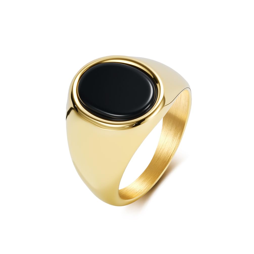 Kemstone Black Stone Signet Ring for Men Stainless Steel Oval Face Silver Gold Black Gold 8#
