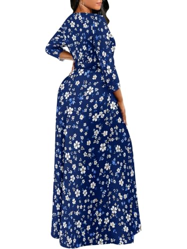 Image of Women Plus Size Long Sleeve V Neck Maxi Dress with Belt | Soft fabric relaxed fit three quarter sleeve v neck with pockets for party and daily wear