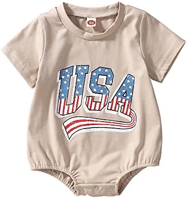 GLIGLITTR Toddler Infant Baby Boy Girl 4th of July Outfit Oversized Romper/USA Shorts Set American Flag Matching Clothes(B Khaki Romper,6-12Months)