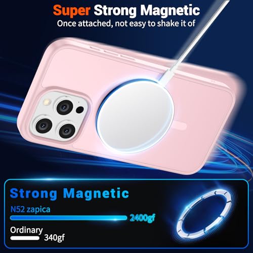 Image of SUPFINE Magnetic for iPhone 15 Pro Max Case with Screen Protector (Compatible with MagSafe) (Military Grade Drop Protection) Translucent Matte Shockproof Phone Cover,Light Pink
