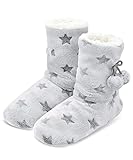 DICUIRD Slipper Socks for Women,Fuzzy House Indoor Boots Slippers with Soft Soles,Warm Cozy Fluffy Sherpa Lined Booties Socks,Womens Winter Christmas Gifts(Star Grey,Size8-10)