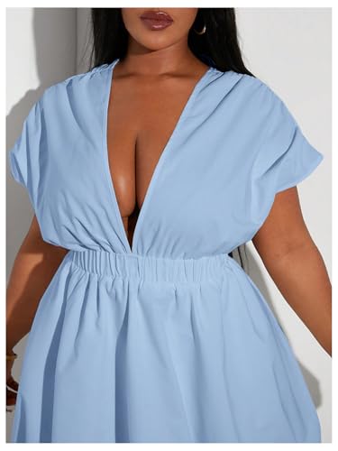 Image of WDIRARA Women's Plus Size Deep V Neck Bubble Dress Short Sleeve A Line Mini Dresses