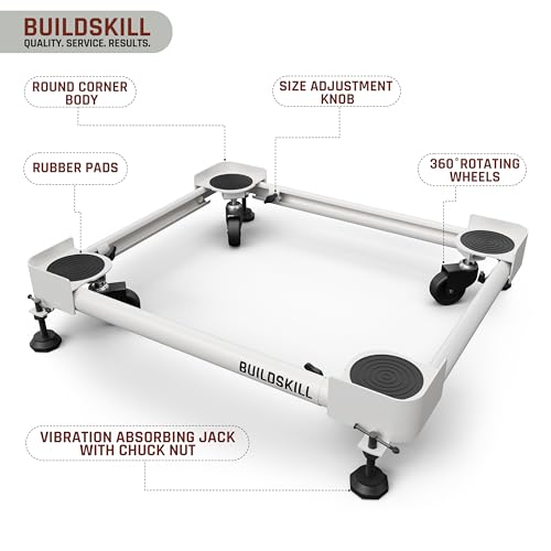 Image of Buildskill Washing Machine Stand /Trolley, Fridge Stand, Dishwasher Stand, Top & Front Load Washing Machine Stand, Supports upto 160KG, Reduces Vibration, Adjustable Mechanism with Locks (White)