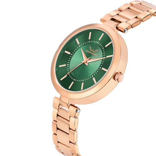 Image of LOUIS DEVIN Rose Gold Plated Metal Chain Analog Wrist Watch for Women (Rose Gold /Brown /Green Dial) | LD-ZL511