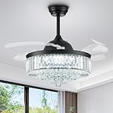 FIDGRA 42'' Fandelier Ceiling Fan with Light, Retractable Chandelier Fan, 3 Color Temperature, 6 Wind Speed, Crystal Ceiling Fan for Bedroom Living Room Dining Room-Black