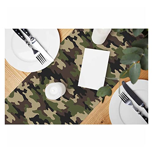 HOSNYE Table Runner Green Camouflage Seamless Pattern,Cotton Linen Table Runner Decoration for Kitchen Family Dinner Table Holiday Party Farmhouse Style 13 x 72 Inch