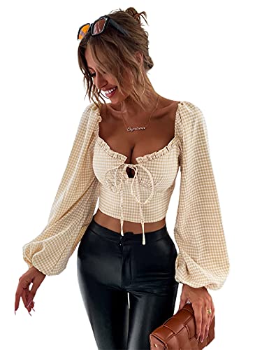 Floerns Women s Plaid Print Self Tie Front Bishop Long Sleeve Blouse Crop Tops Apricot S