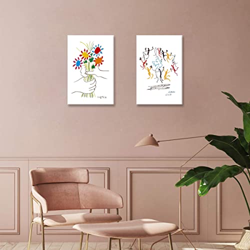ピカソ ネコの絵 友情の花 絵画 2枚セット アートパネル アートフレーム 玄関 ポスター 装飾画 キャンバス 飾り絵 壁掛け 壁飾り 壁の絵 木枠付きの完成品 (30x40cm x2Pcs) [5]