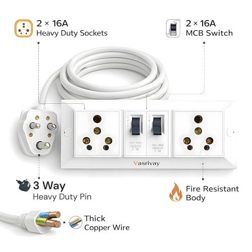 Image of Heavy Duty 16A Extension Board with Dual 16A MCB Switch | 1.5 sqmm 3 Core Cable | Power Strip for AC, Refrigerator & Microwave | Two 16 Amp Sockets (White) (3 Meter)
