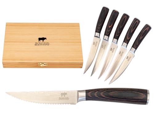 BEEFSTONE Steakmesser Set 6 teilig, Profi Kochmesser, Ergonomischer Holzgriff, Wellenschliff, Geschenkidee mit Kiste aus Holz zur Aufbewahrung
