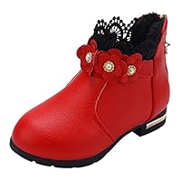 Girls Floral Lace Ankle Boots Patent Leather Chelsea Booties Non-Slip Sole Waterproof Winter Boots for Kids Breathable Pull On Fashion Shoes Red