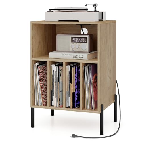 COSTWAY Meuble Tourne-Disque Vinyle avec Prise, Support Platine Vinyle pour 150 Albums, Station de Charge, 2 Ports USB, Ports Type-C, 4 Séparateurs, Bout de...