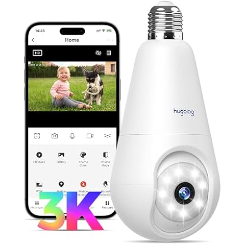 Hugolog 3K 5MP Light Bulb Security Cameras Wireless Outdoor-2.4GHz Cameras for Home Security Indoor with AI Sound Processing&Motion Detection,Color Night Vision,Auto Tracking,Siren Alarm,2-Way Talk Cover