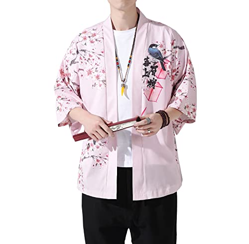 Image of PRIJOUHE Men's Lightweight Kimono Jacket Seven Sleeve Open Front Cardigan Coat Japanese Style Bathrobe