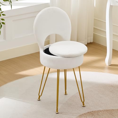RUCUKEN Cadeira e banquinho de veludo branco pequeno – 33 cm Dx13 W dobrável para armazenamento traseiro, perna em V dourada antiderrapante para quarto, sala de maquiagem