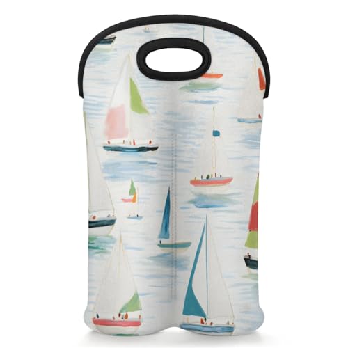 GzLeyigou 2 Bottles Cartoon Sailboat Wine Bag Sleeve Totes Neoprene Protective Wine Carrier Bag for Wine,Water, Champagne, Beer, Baby Bottles,Gift 14.5 x 10 Inches