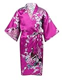 TiaoBug Mädchen Bademantel Japanischer Kimono Robe Kurze Satin Nachtwäsche Blumen Gedruckt Wickeljacke mit Taillen Bund zum Binden Rose Rot 98-110