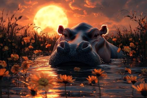 KY-lunk Paint by Number, Hippo Snorting Under Moonlit Lagoon, Adult Crafts Adults' Paint-by-Number Kits, Room Decor Gift for Birthday Festival (16x20 inch,No Frame)