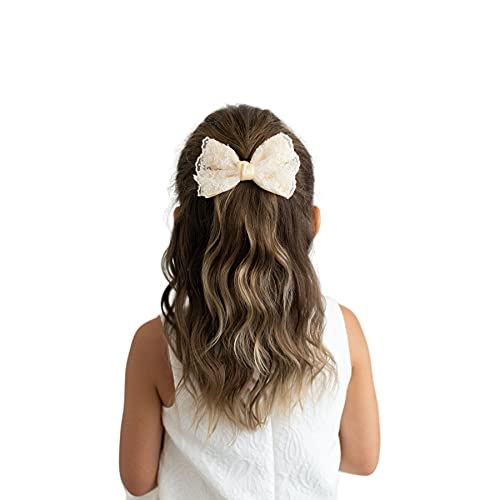 Summer Crystal Tulle Embroidery Bow Girl Alligator Hair Clips (Beige)