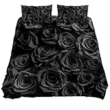 Duvet Cover Set Queen Size,Black and White Rose Comforter Set ,3pcs Bedding Set with 1 Duvet Cover 2...