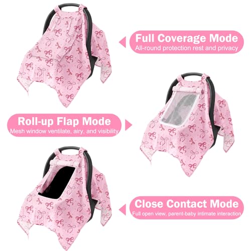 Image of Baby Car Seat Cover with Mesh Window, 100% Cotton Carseat Covers Baby Boy Breathable Infant Car Seat Cover Spring Summer Baby Carseat Cover Lightweight Infant Car Seat Canopy - Pink Bow