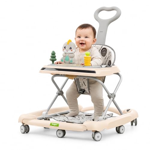 Image of Baybee 3-in-1 Convertible Baby Walker for 6-18 Months with Rocking Mode, Removable Toy Bar, Inbuilt Music, 3-Level Height Adjustment, Smooth Wheels & Parental Handle | Foldable Infant Activity Walker with Cushioned Seat (Beige)