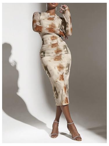 Image of GORGLITTER Women's Mesh Long Sleeve Bodycon Midi Dress Fall Cocktail Birthday Dinner Wedding Guest Going Out Dresses