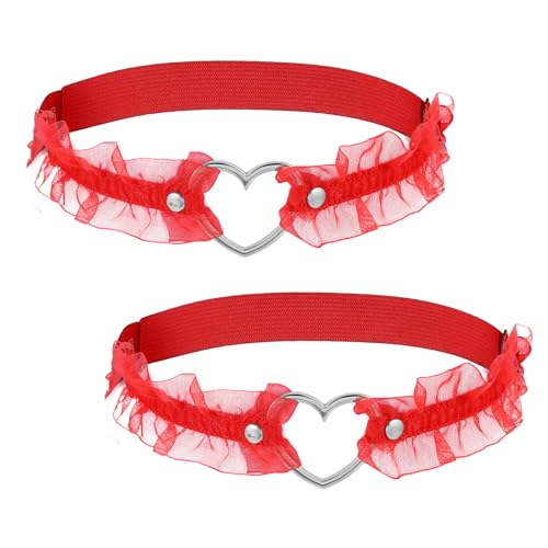 2 Pcs Red Garter Belt Adjustable Heart Lace Thigh Garter, Red Heart Garter Red Leg Garter Red Lace Garter Red Garter with Heart Elastic Leg Garters Belt for Women Parties