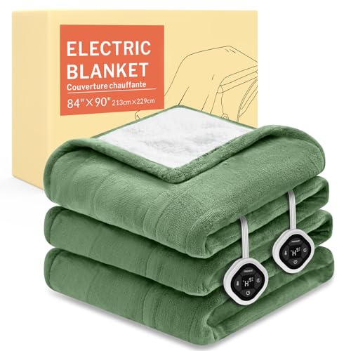 Image of HOMLYNS LuxeHeat Heated Blanket Electric Blanket Queen Size, Soft Flannel Sherpa Heating Blanket with 10 Heat Settings, 1-10 hrs Timer Auto Shut Off (84x90 inches, Green), Only for 120V Voltage Use