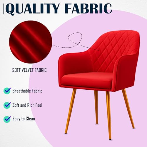 Image of Set of 2 Accent Chair for Living Room | Modern Armchair in Soft Velvet Fabric with Sturdy Legs | Premium Chair for Home Living Room Bedroom Restaurent | (Gold Legs, Red Burfi Design)