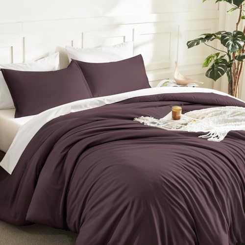 Image of Litanika Queen Comforter Set Plum, 3 Pieces Lightweight Fluffy Solid Bedding Comforter Set, Down Alternative Comforter All Season Bed Set Gift Choice